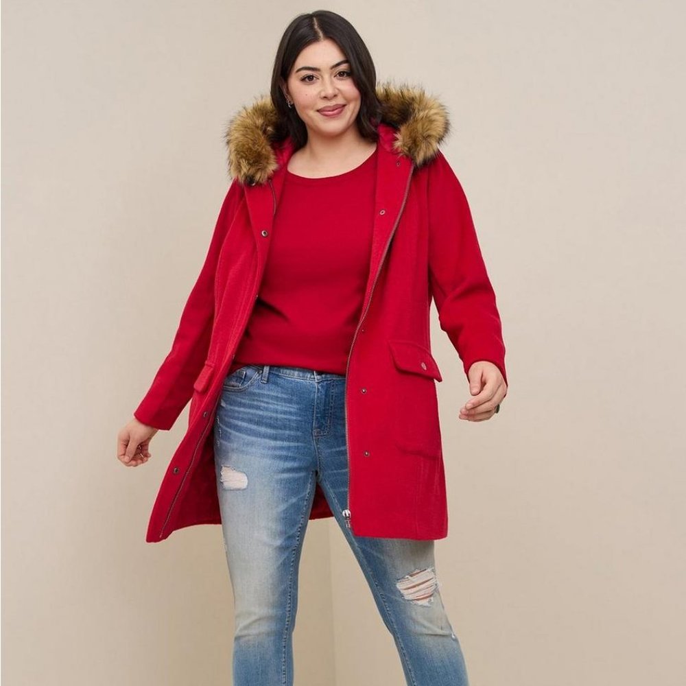 Torrid Plus Size Wool Zip Front Faux Fur Trim Coat Size 5